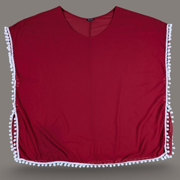 In'Voland Red Sheer Coverup with Pompoms - one size - Picture 1 of 7